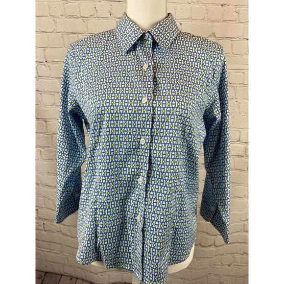 TALBOTS Petites white blue green cotton stretch chain shirt 10 - Picture 1 of 9